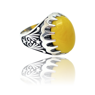 925 Silver Yellow Agate Mens Ring