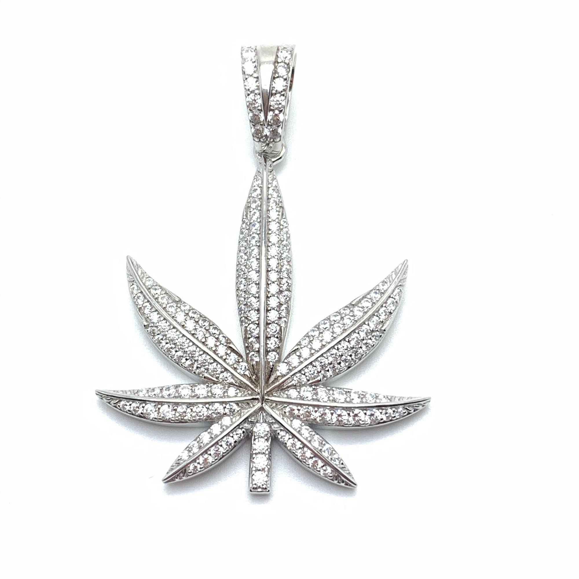 Iced  Weed Leaf Silver Pendant