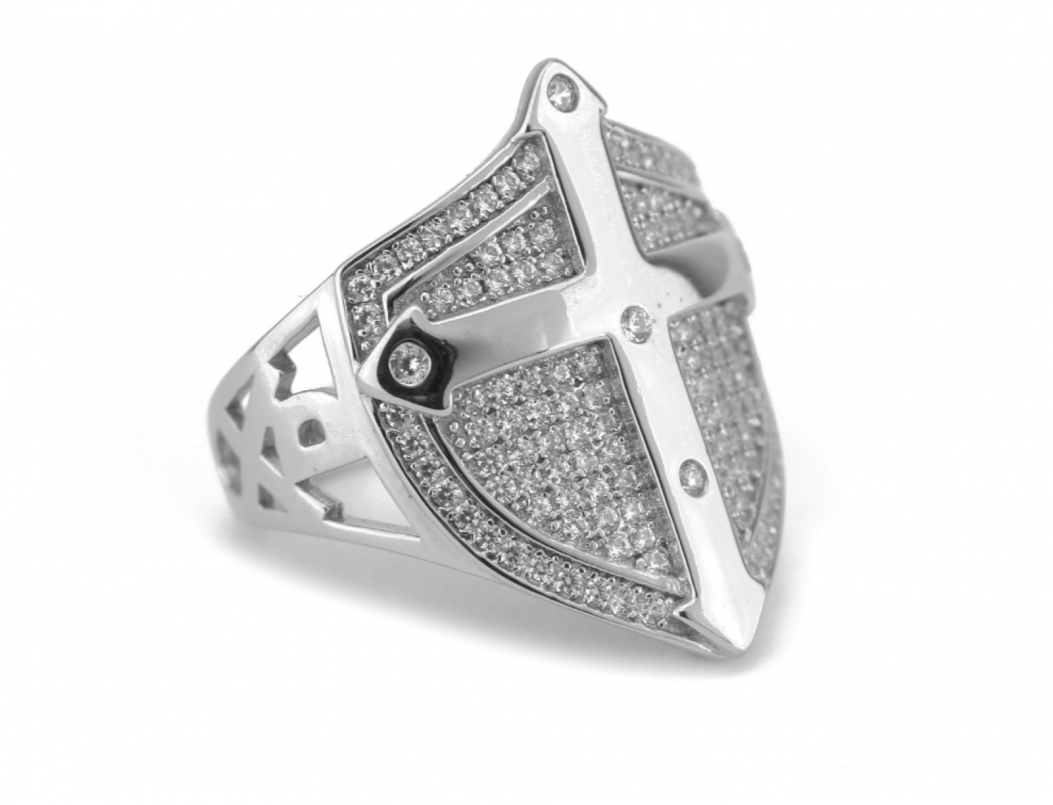 White Gold Iced Cross Shield Ring