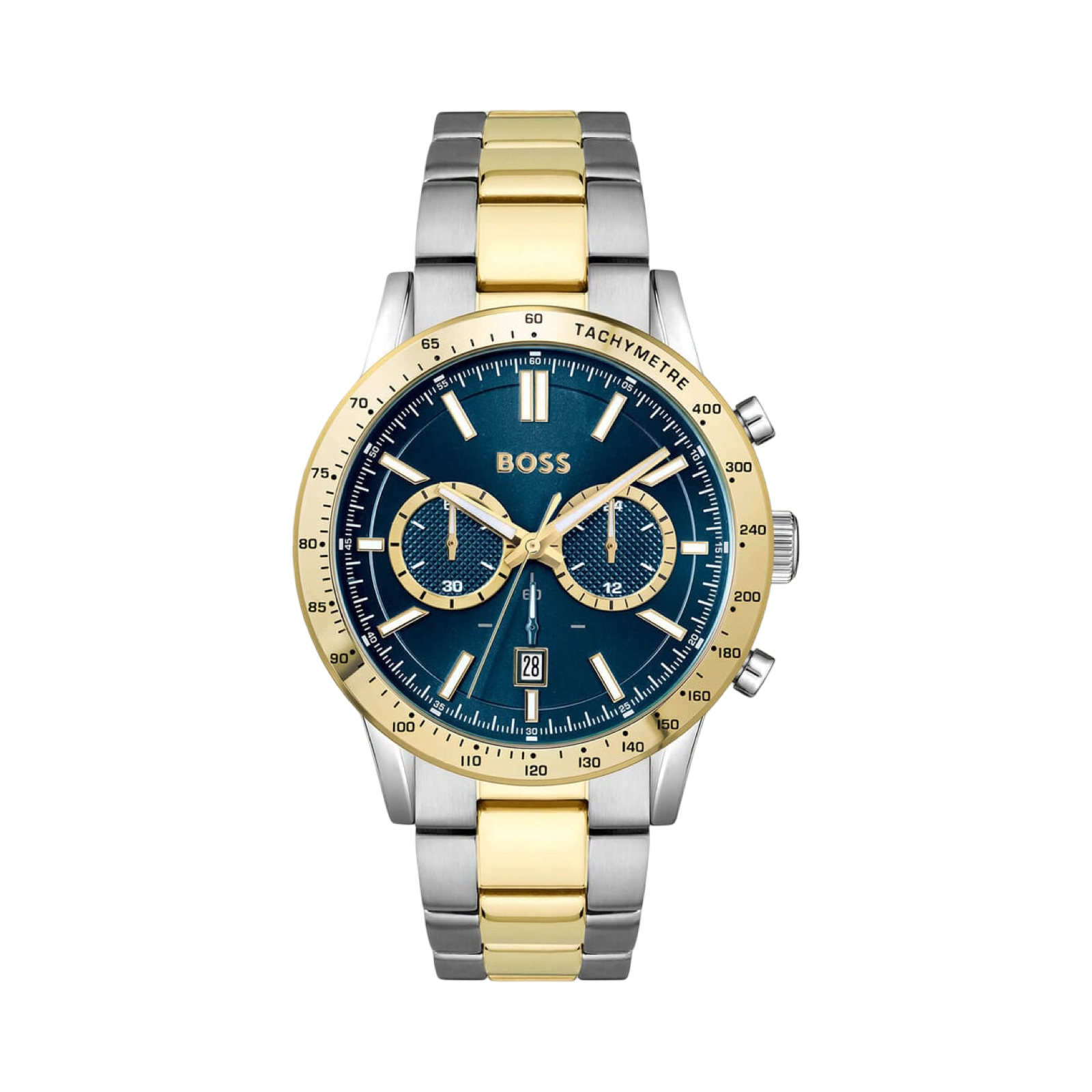 BOSS Allure Chronograph 44mm Blue Dial Yellow Gold Bezel Steel Bracelet Watch