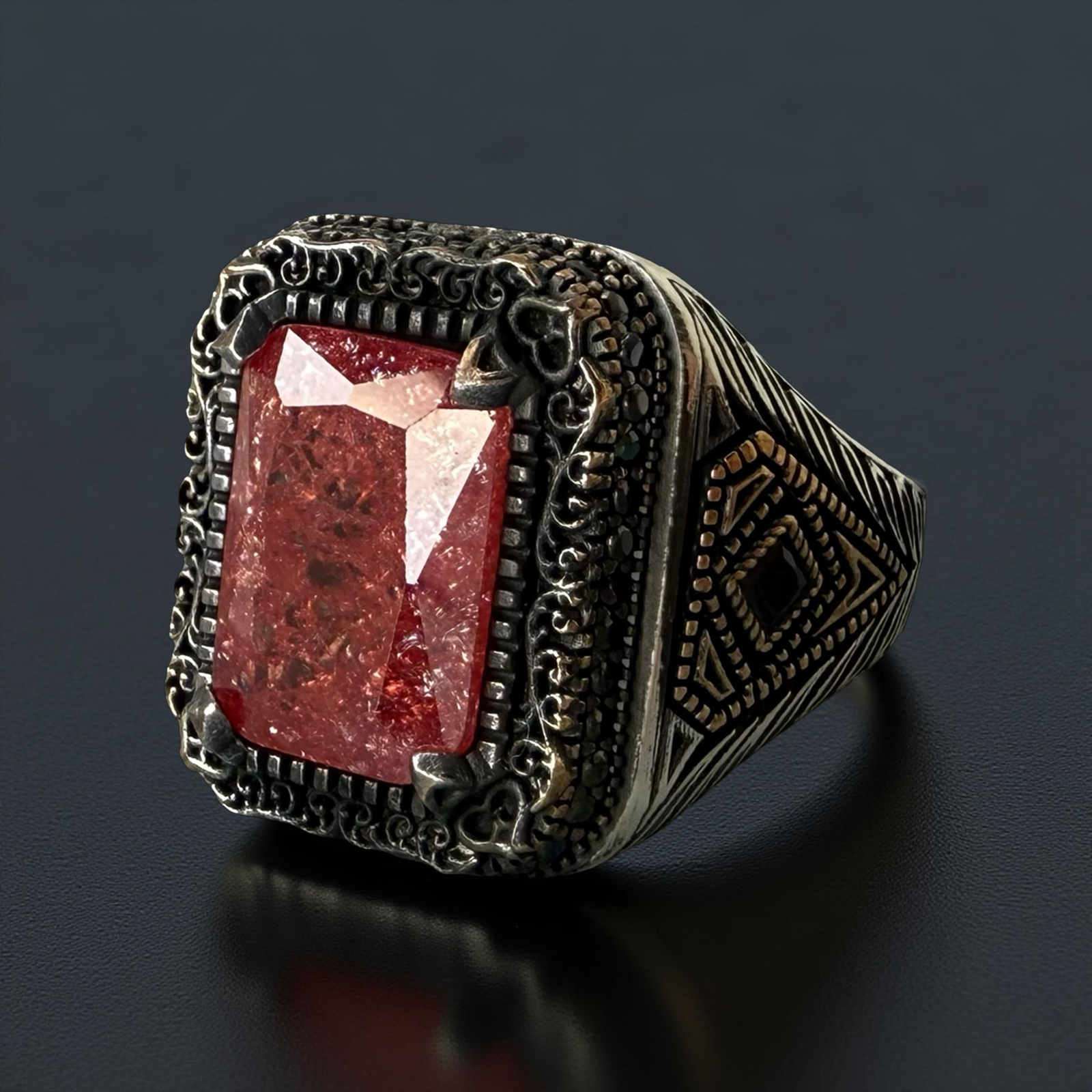 925 Sterling Silver Men’s Handmade Ring Ruby Inspired Red Stone & Black Accents