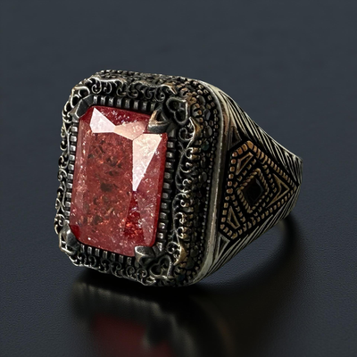 925 Sterling Silver Men’s Handmade Ring Ruby Inspired Red Stone & Black Accents