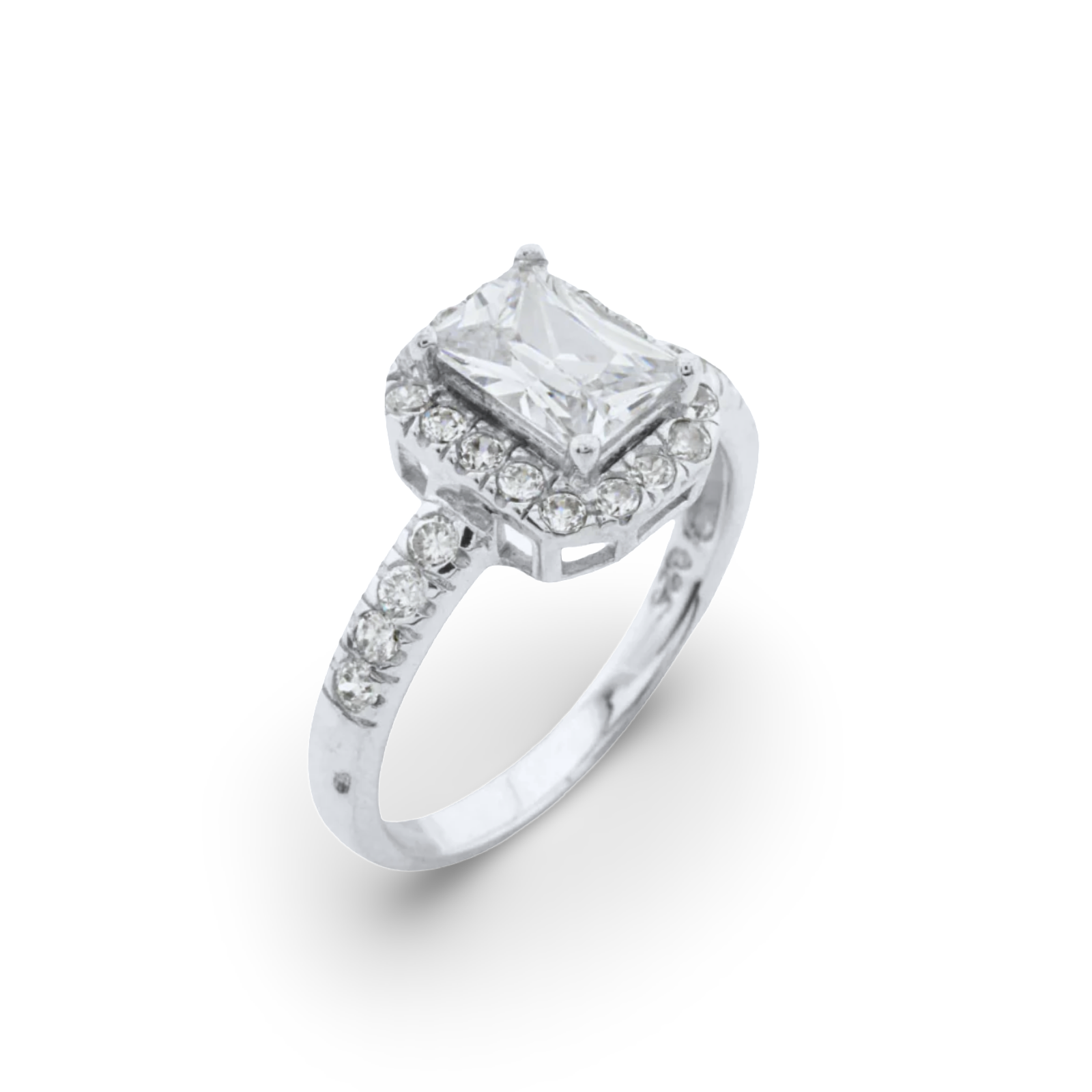 Emerald Cut Halo Silver Ring