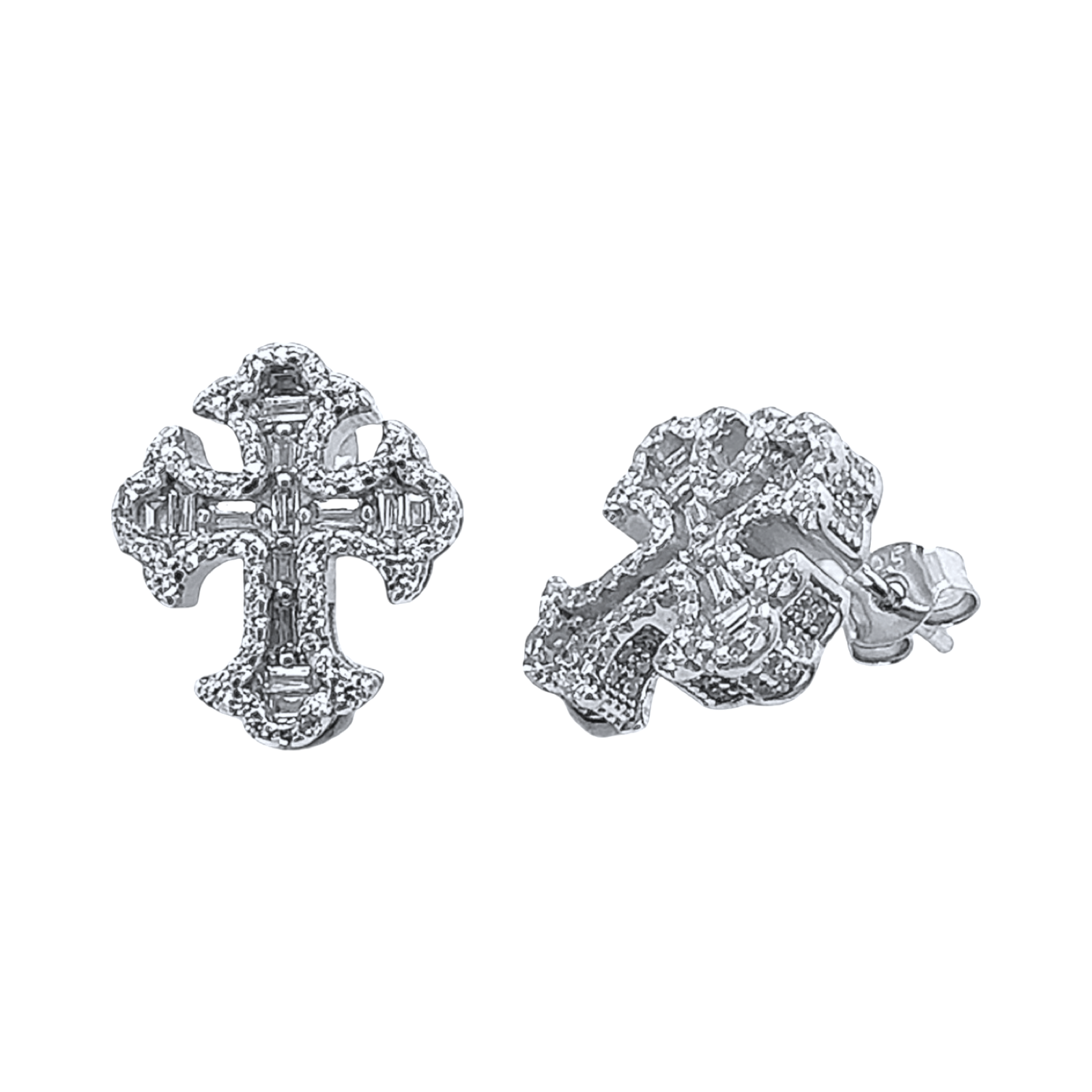 925 Sterling Silver Cross Baguette Stud Earrings