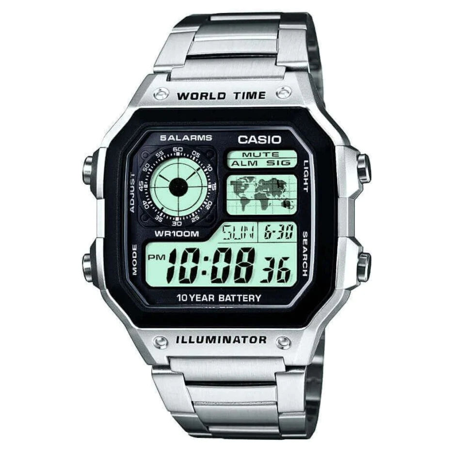 Casio Watch Digital World Time Illuminator Silver AE 1200WHD 1AVDF