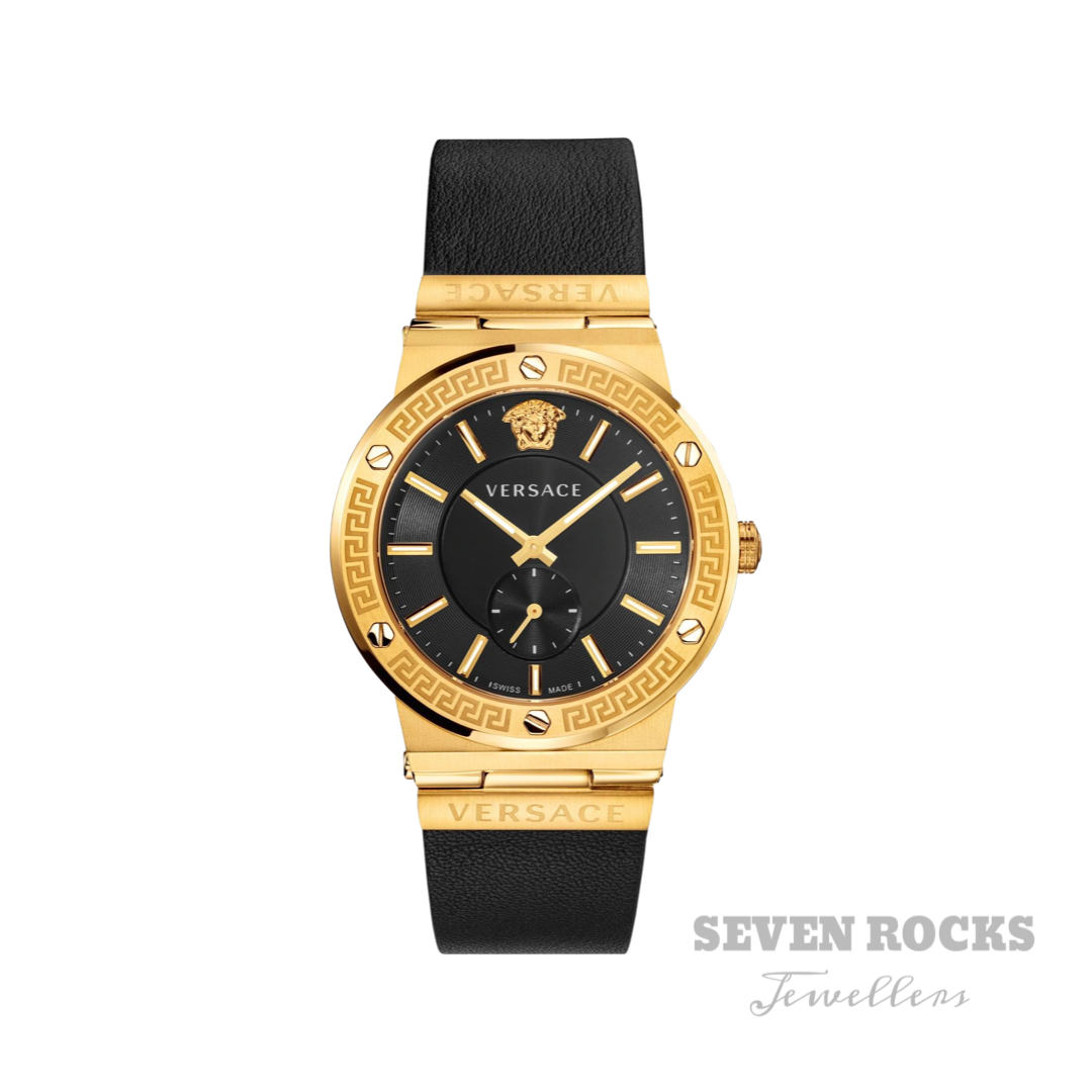 Versace Greca Logo Small Seconds Gold Black Leather