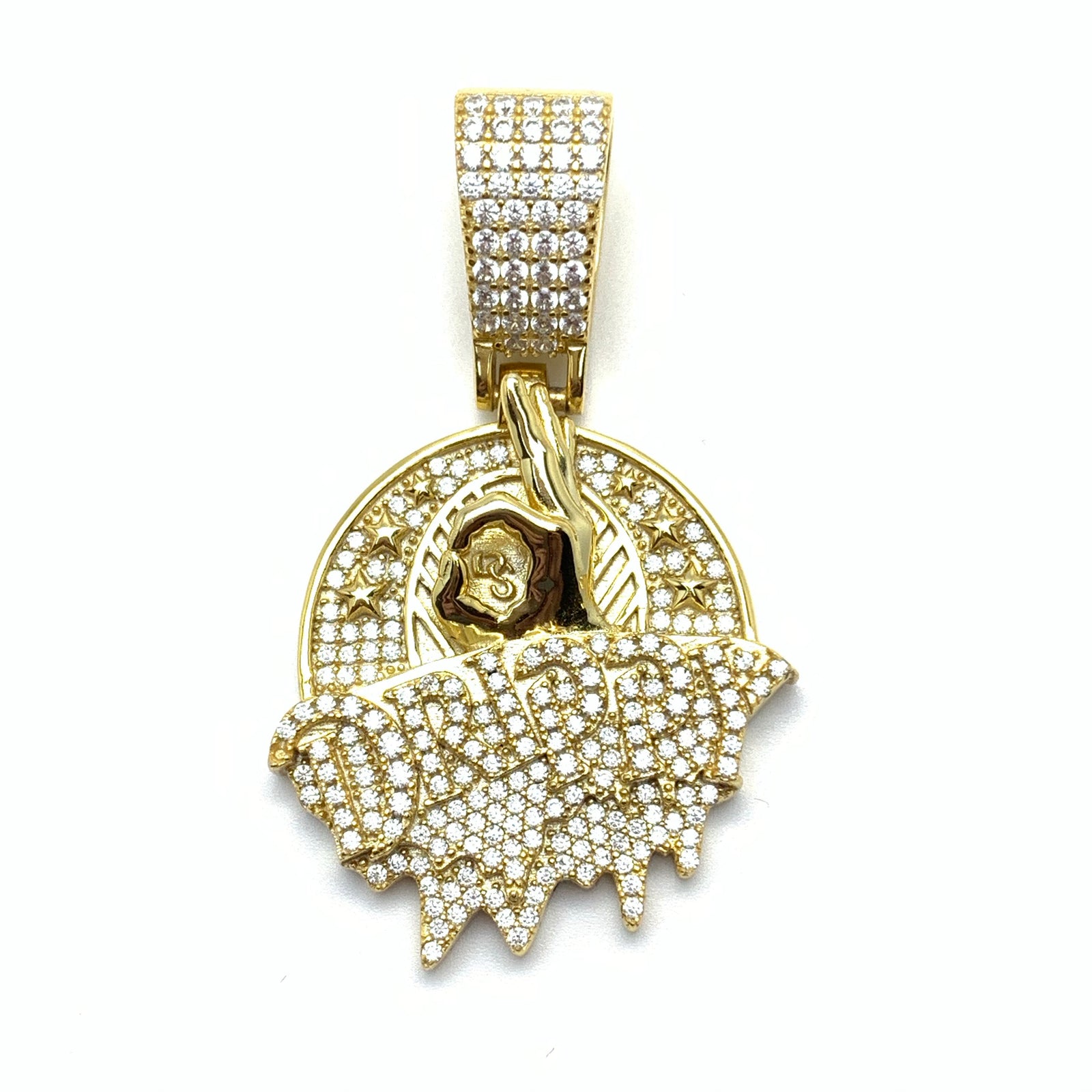 Drippy Pendant Yellow Gold Finish Silver Iced Pendant 
