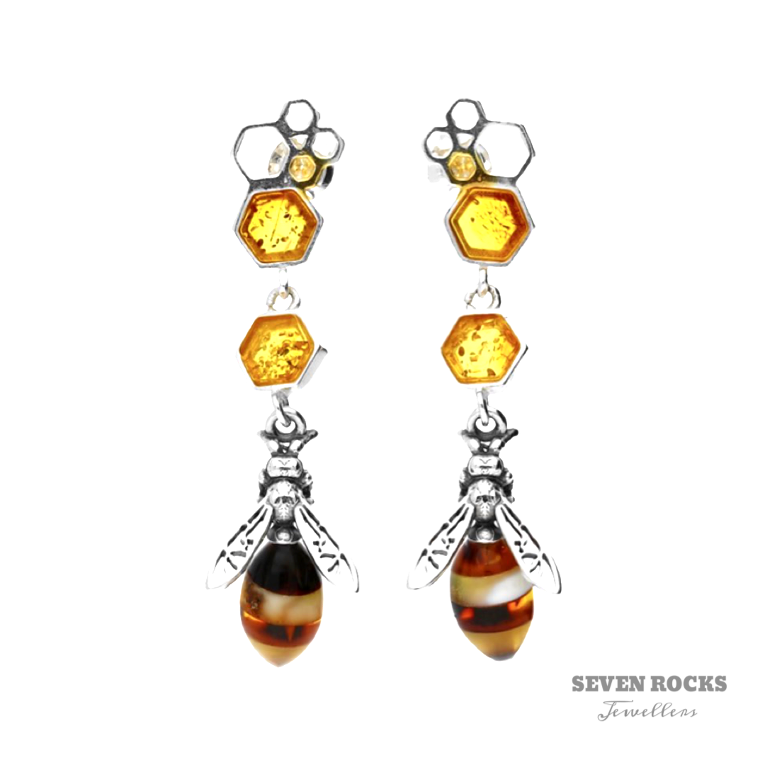 DESIGNER SILVER AMBER WASP/BEE EARRINGS DANGLE