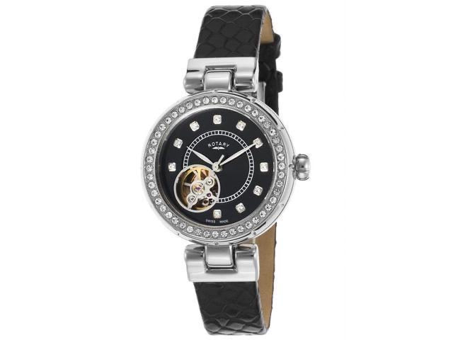 Ladies Rotary Automatic Watch On Black Leather Strap 