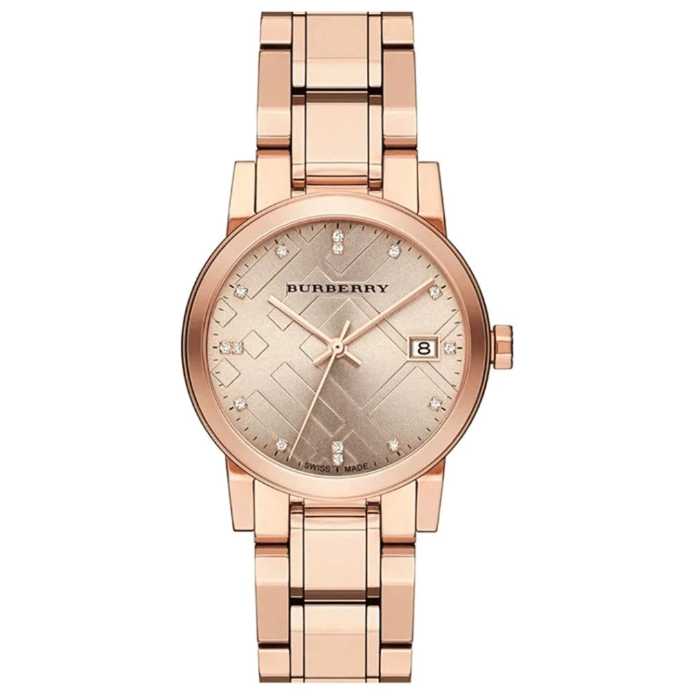 Burberry Ladies Watch Diamond Check Stamped Rose Gold PVD BU9126