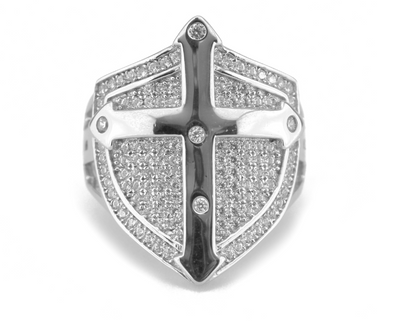 White Gold Iced Cross Shield Ring