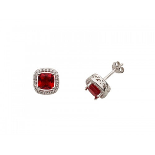 Red Square Silver Stud Earrings
