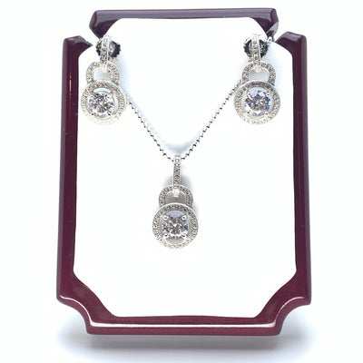 White Gold Iced Set Of Earrings & Necklace